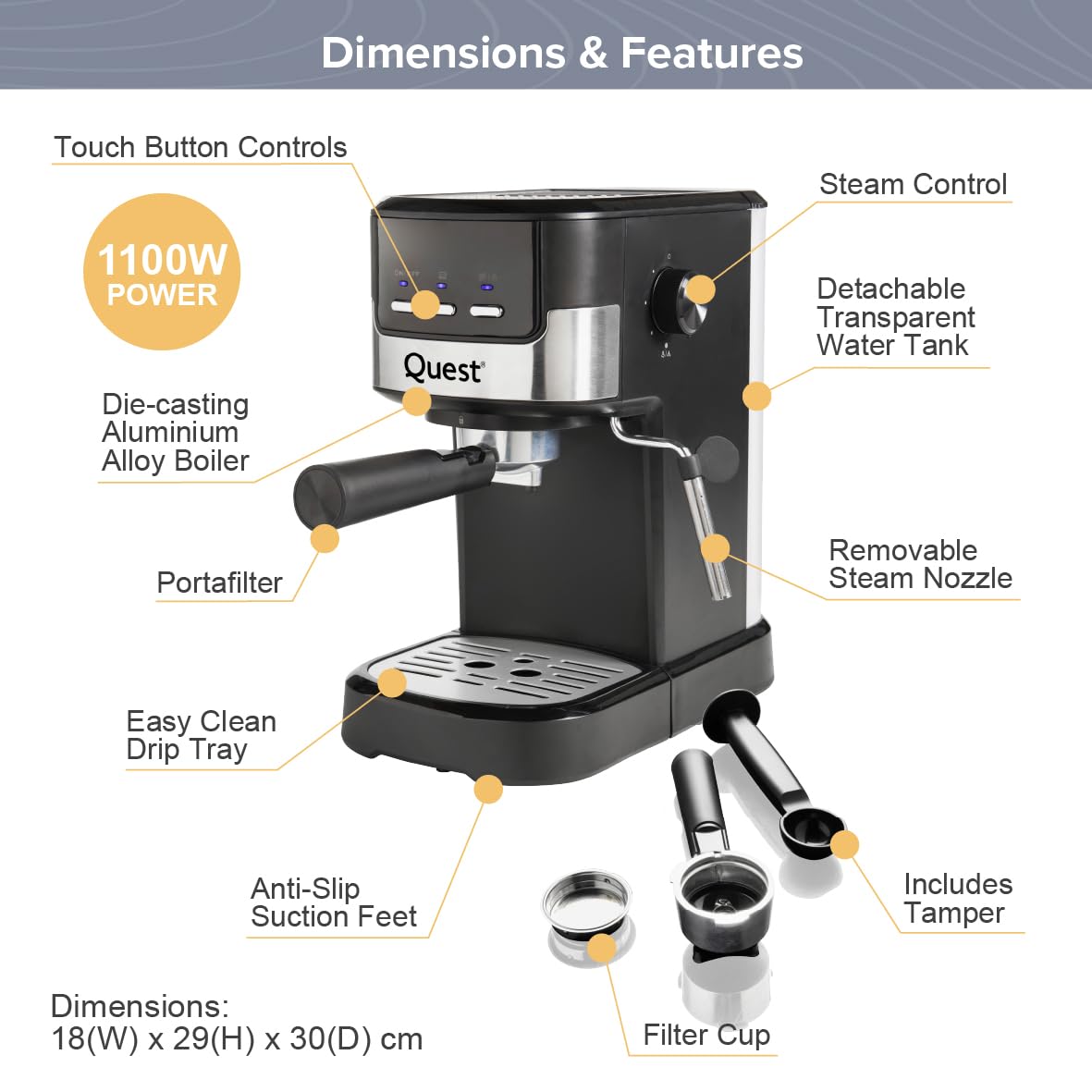 Quest Espresso Coffee Machine / 15 Bar Pressure/Filter & Measuring Cups Included / 1.2L Water Tank/Dual Stainless Steel Filter