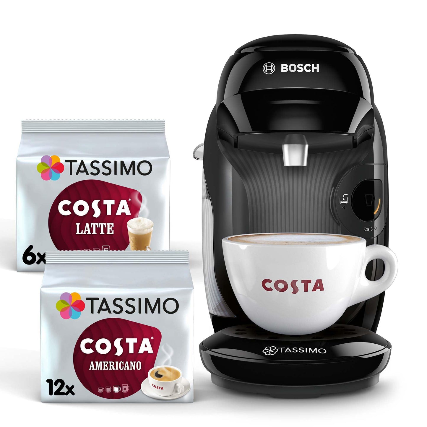 Tassimo by Bosch Style Pod Coffee Machine with Costa Americano & Costa Latte Starter Bundle, TAS1102GB2- Black