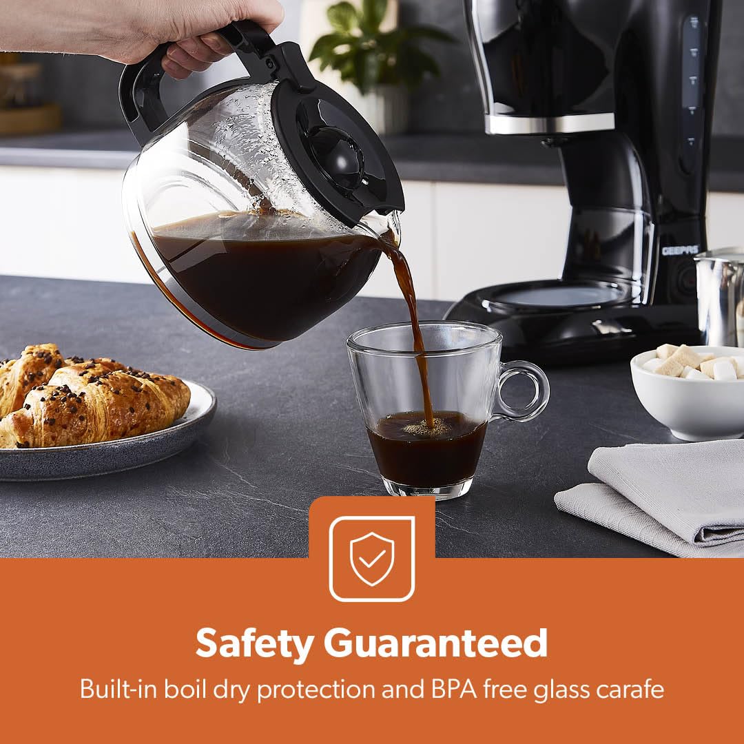 GEEPAS 1.5L Filter Coffee Machine | 800W Coffee Maker for Instant Coffee, Espresso, Macchiato & More | Boil-Dry Protection, Black