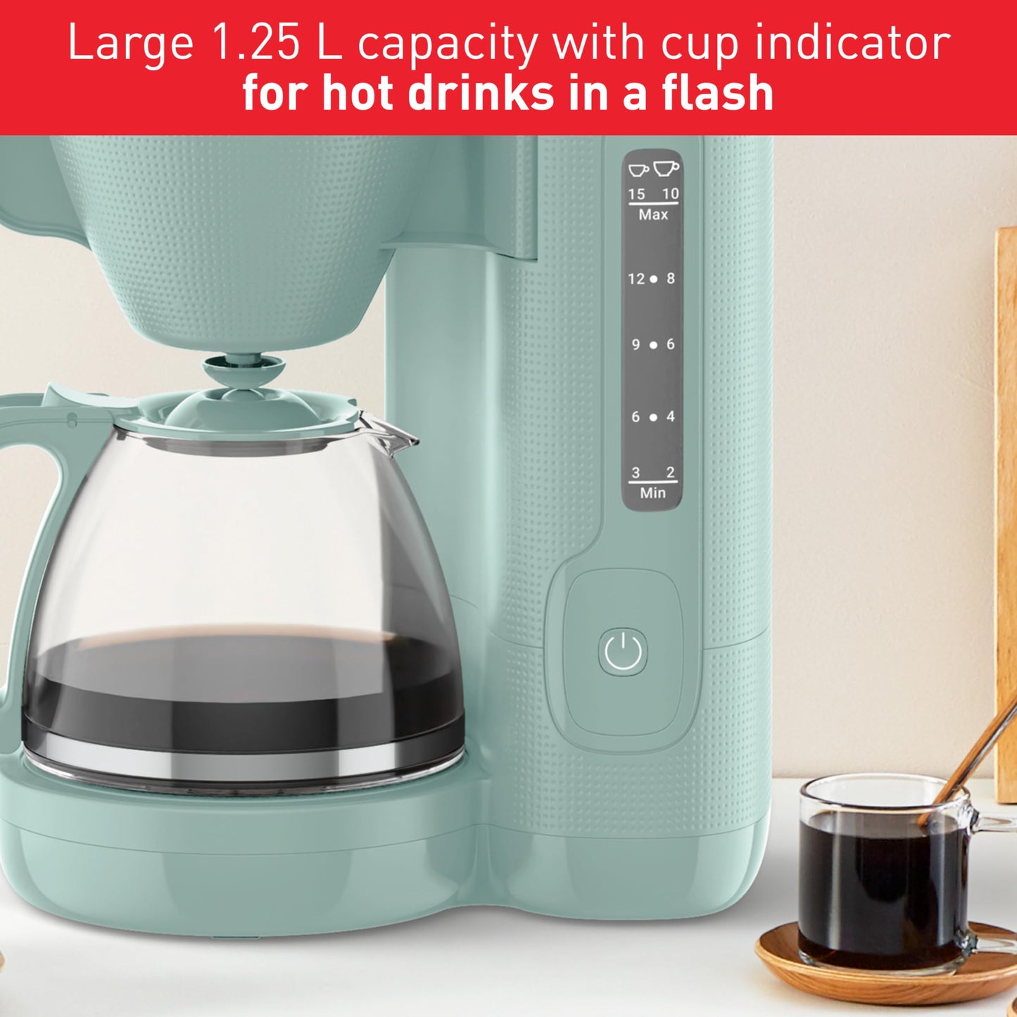 Tefal Morning Filter Coffee Maker - Eucalyptus, 1.25L Capacity, Permanent Reusable Filter, Drip-Stop System, Keep-Warm Function, CM2M13G0