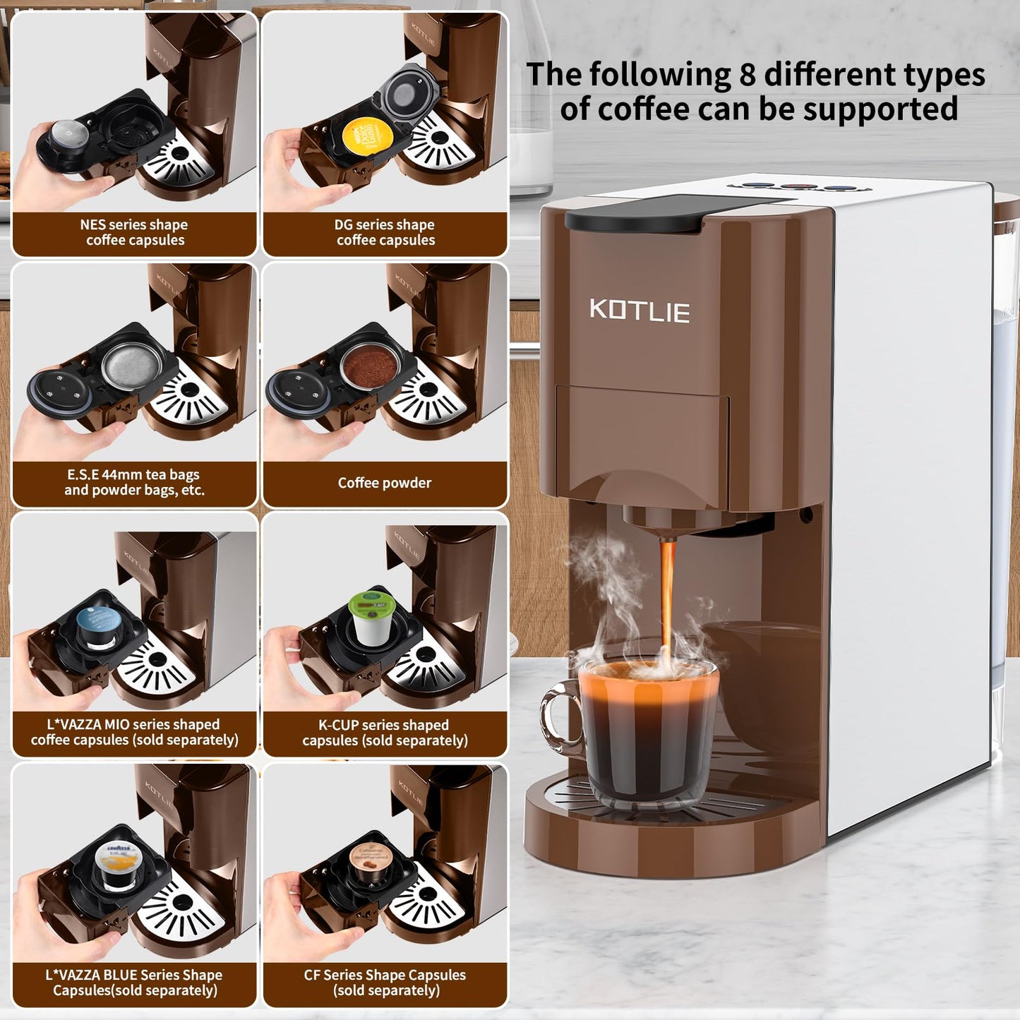 KOTLIE Espresso 4in1 Coffee Machine for Nespresso Original/Dolce Gusto/L’OR/Ground Capsule and ESE Coffee Pods,19 Bar (AC-513K)
