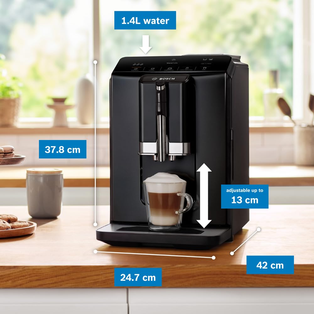 Bosch Serie 2 TIG20119, Bean to Cup Coffee Machine, VeroCafe, with in-cup milk frother, removable water tank, easy select panel  Piano Black