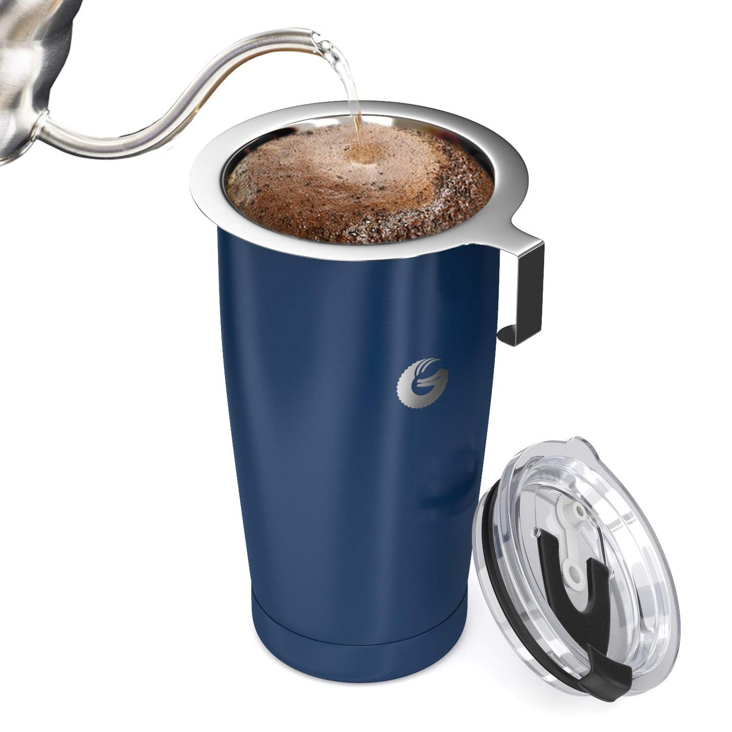 Coffee Gator Insulated Coffee Cup with Paperless Filter, All-in-One Hand Drip Coffee Maker with Filter, Thermal Stainless Steel Travel Cup (Blue)