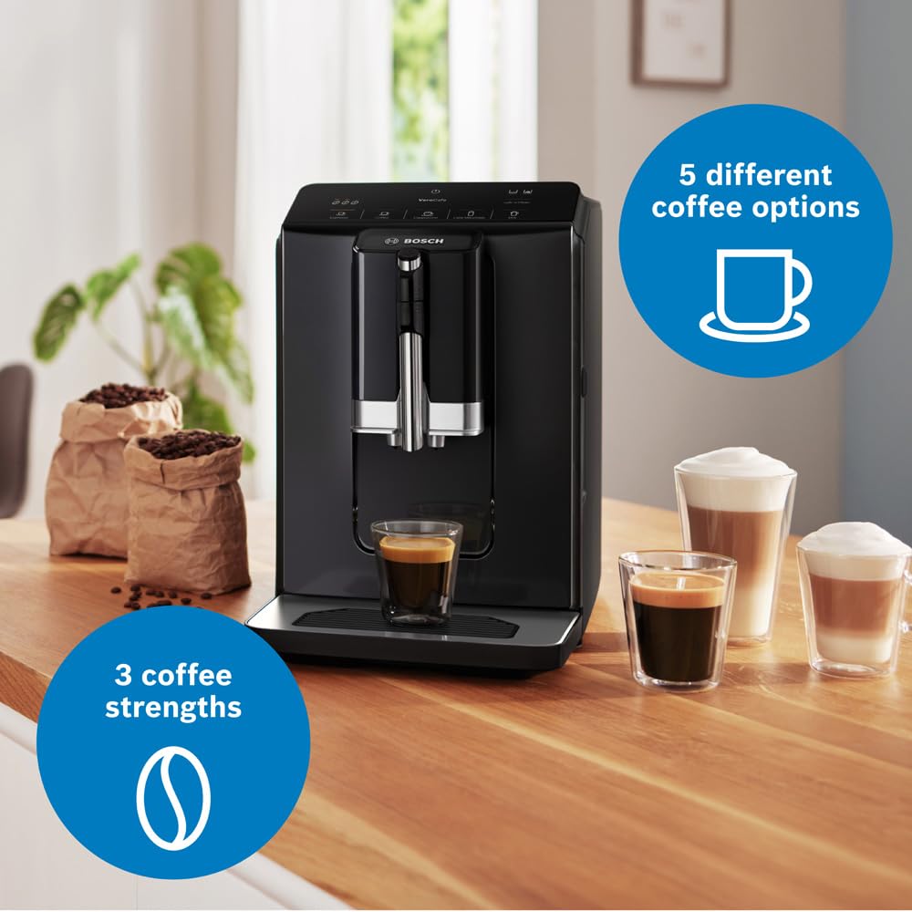Bosch Serie 2 TIG20119, Bean to Cup Coffee Machine, VeroCafe, with in-cup milk frother, removable water tank, easy select panel  Piano Black