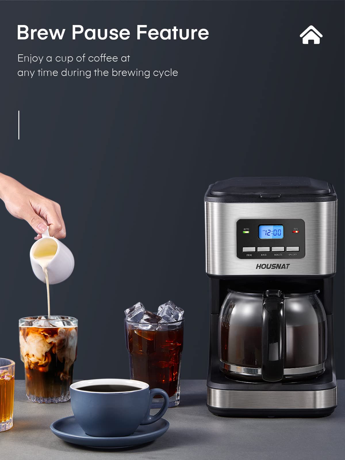 HOUSNAT Filter Coffee Machine, Programmable Drip Coffee Maker, Advanced Showerhead Technology, Fast Brewing