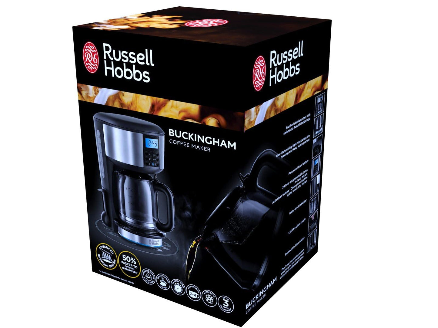 Russell Hobbs Buckingham Filter Coffee Machine, 1.25L Carafe/10 Cups, 1-4 Cup Brewing Option, Fast Brew, 24hr Timer, 40min Keep Warm, 20680