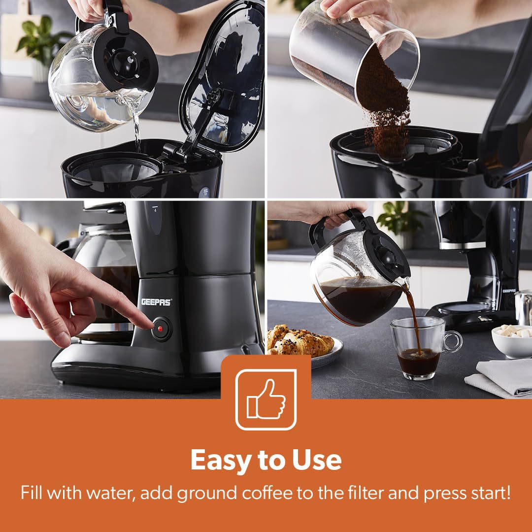 GEEPAS 1.5L Filter Coffee Machine | 800W Coffee Maker for Instant Coffee, Espresso, Macchiato & More | Boil-Dry Protection, Black