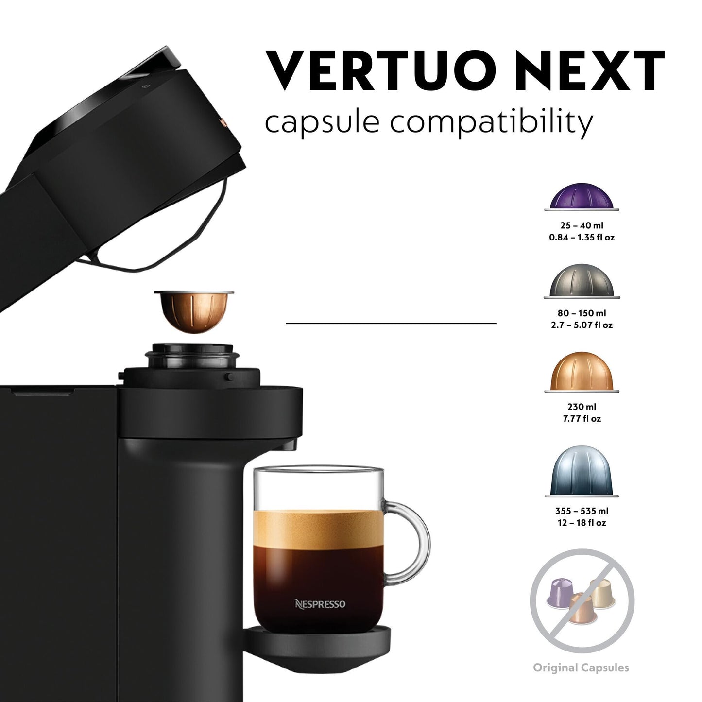Nespresso Vertuo Next Coffee Machine by De'Longhi, Over 30 Varieties of Pods, 6 Coffee Cup Sizes, Americano, EN120.BM, Matte Black