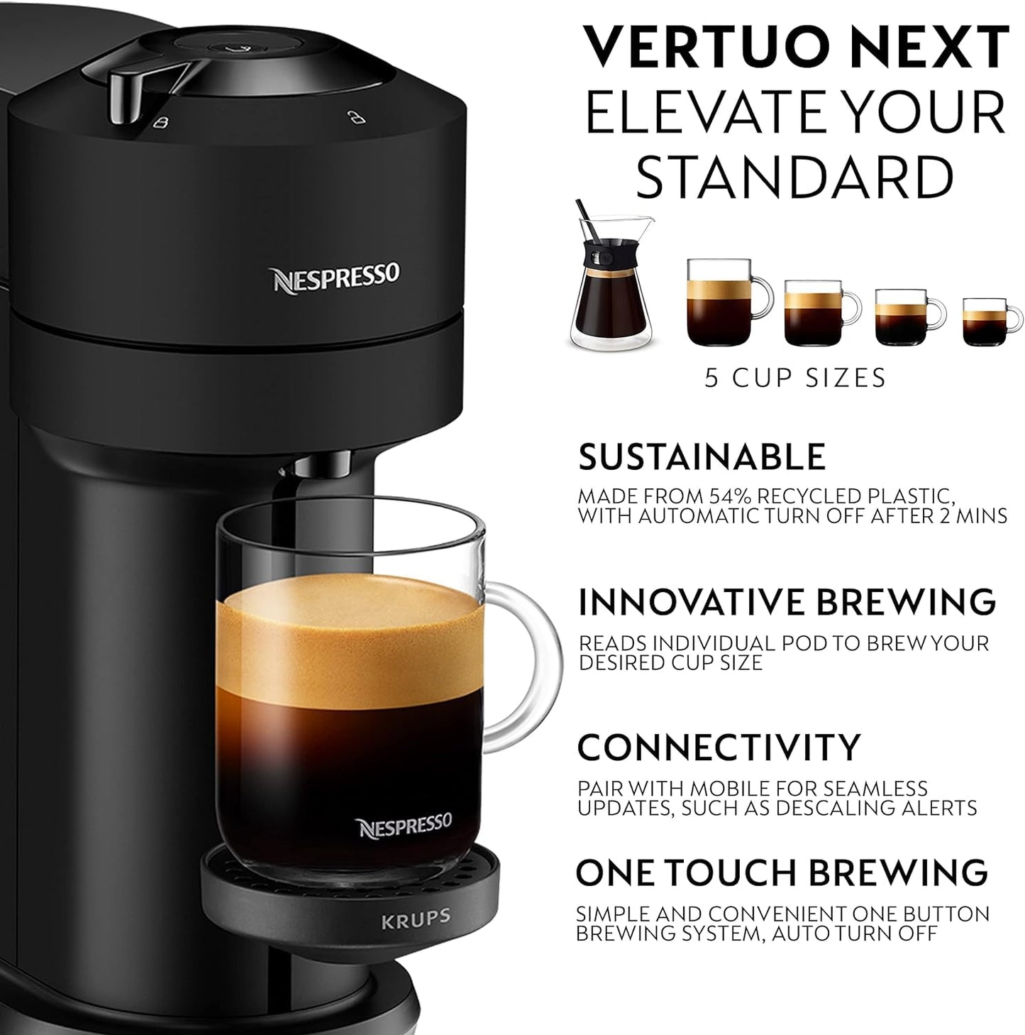 Nespresso Vertuo Next Coffee Pod Machine, Centrifusion Technology, Wi-Fi and Bluetooth Enabled, Energy Saving Design, Multiple Cup Sizes, Matte Black