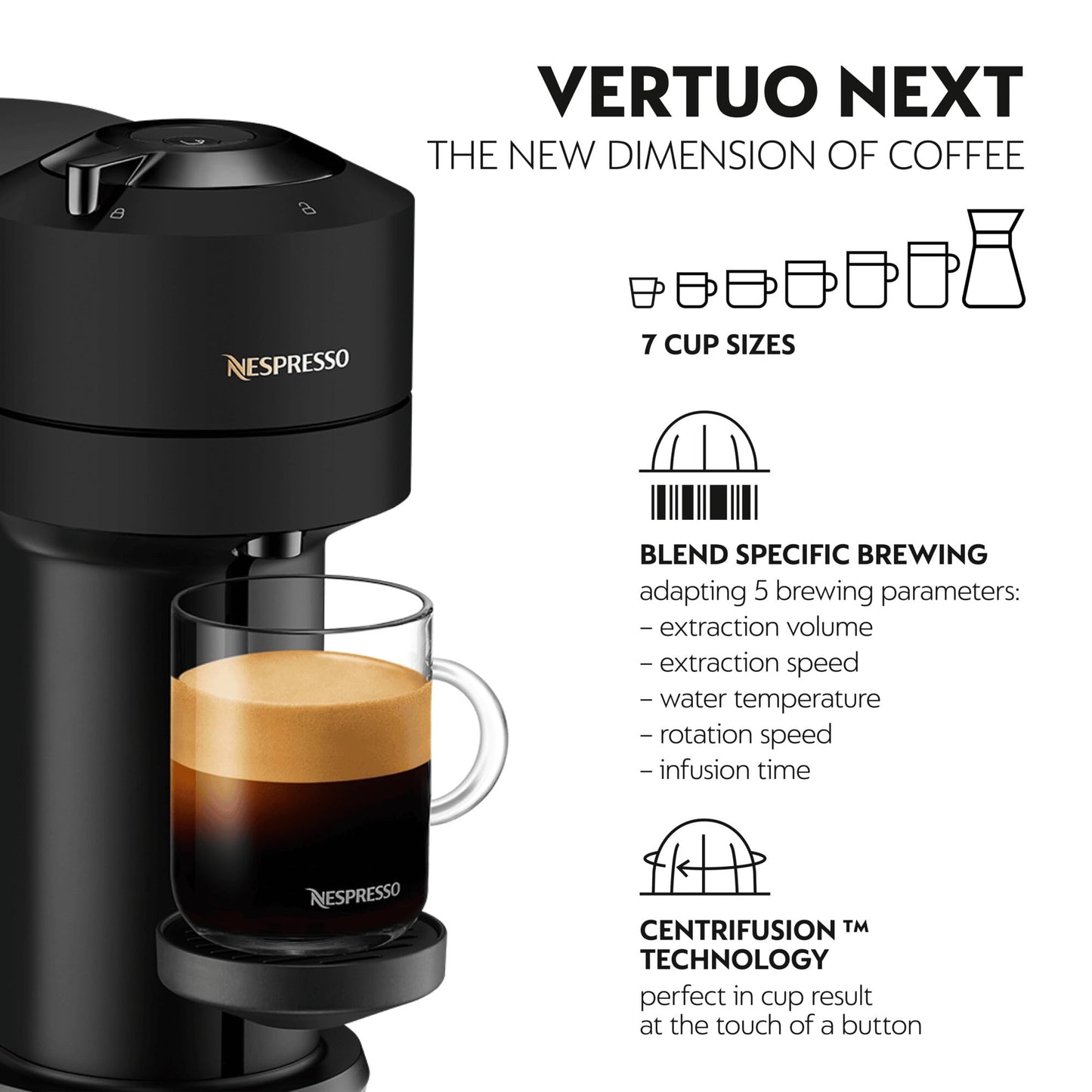 Nespresso Vertuo Next Coffee Machine by De'Longhi with Aeroccino Milk Frother, Over 30 Varieties of Pods, 6 Coffee Cup Sizes, EN120.BMAE, Matte Black