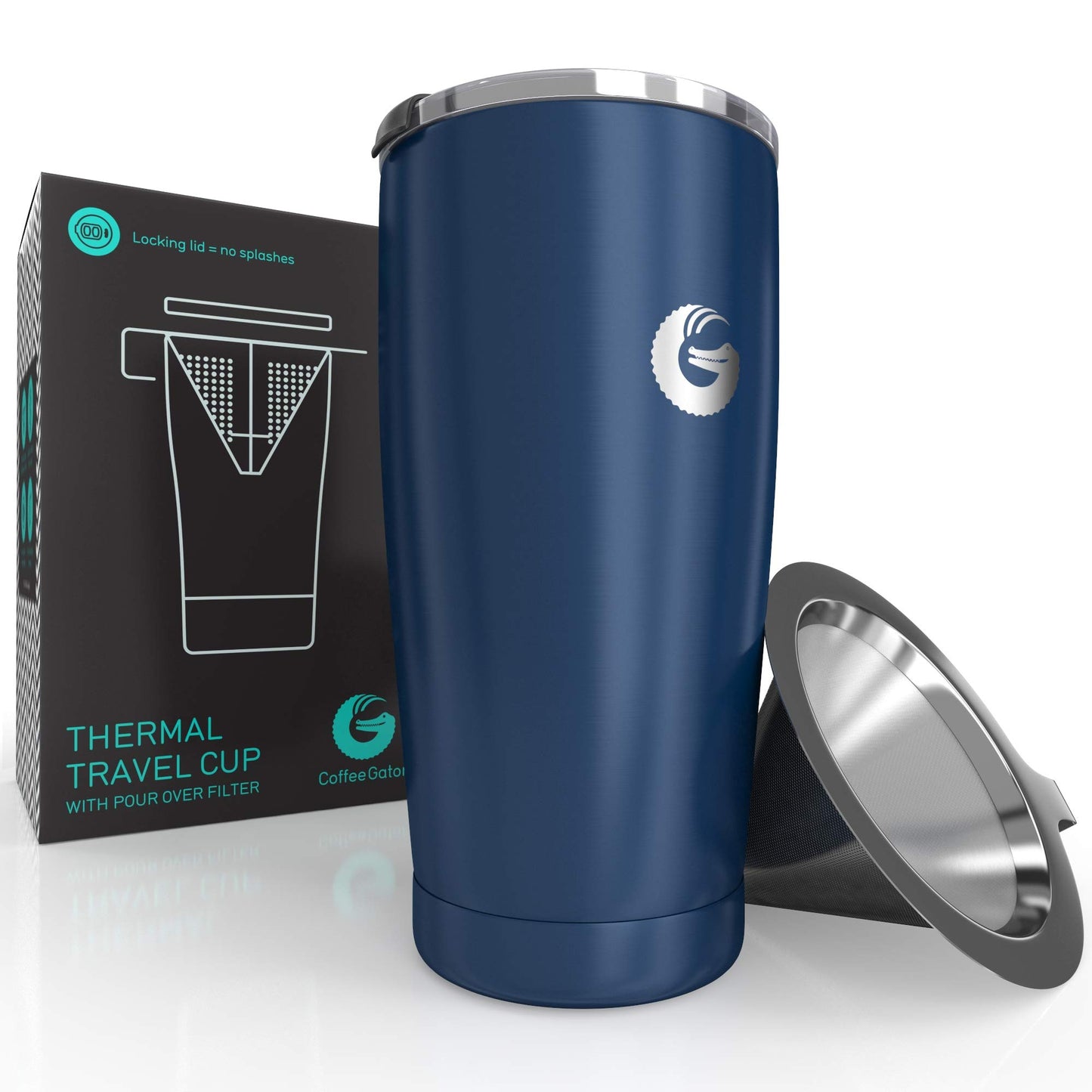 Coffee Gator Insulated Coffee Cup with Paperless Filter, All-in-One Hand Drip Coffee Maker with Filter, Thermal Stainless Steel Travel Cup (Blue)