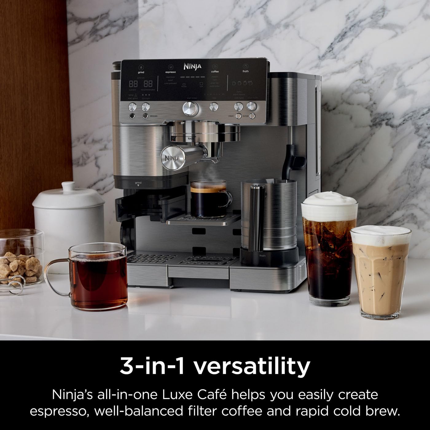 Ninja Luxe Premier 3-in-1 Coffee Machine, Latte, Cappuccino, Cold Brew & Espresso Maker With Built in Bean Grinder & Milk Frother, Silver, ES601UK