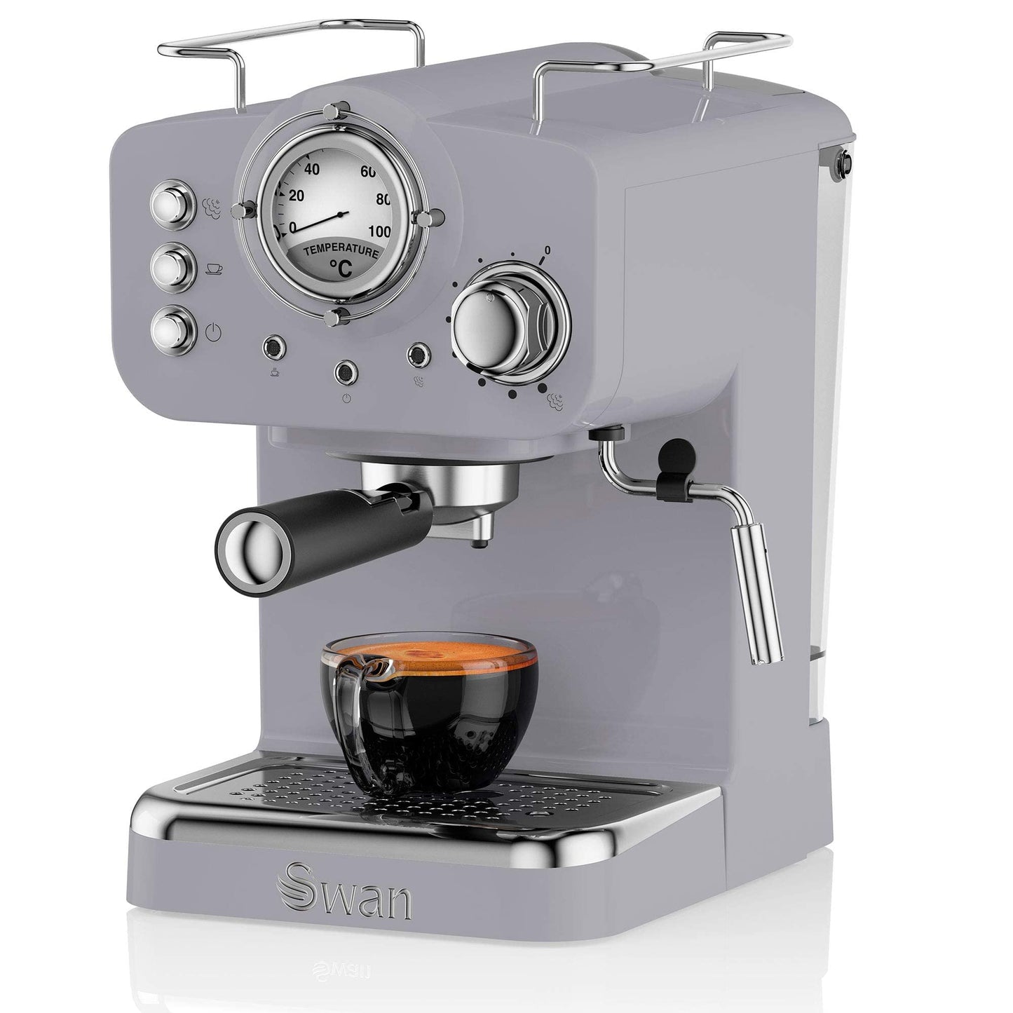 Swan SK22110GRN Retro Espresso Plastic Coffee Machine with Milk Frother, Steam Pressure Control, 1.2L Detachable Water Tank, 1100W, Retro Grey