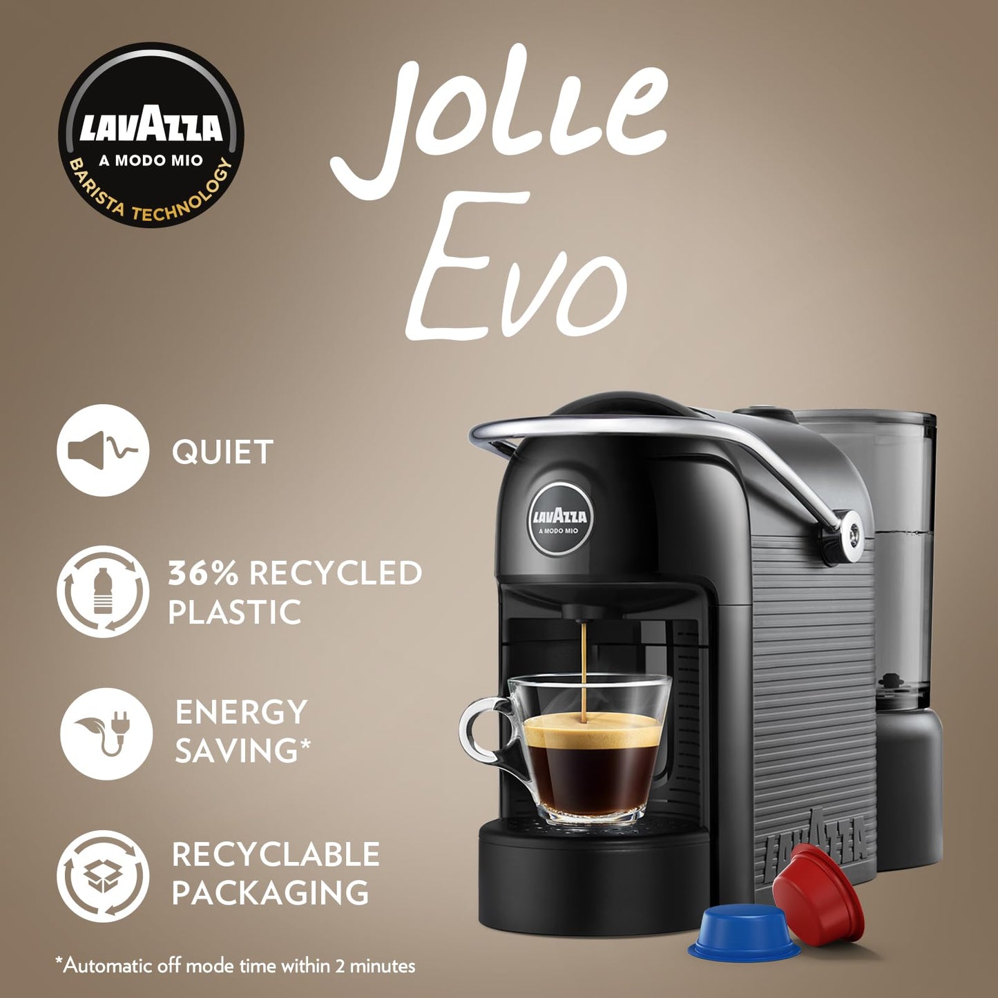 Lavazza, A Modo Mio Jolie EVO, Coffee Capsule Machine, Made from 36% Recycled Plastic, Compatible with A Modo Mio Pods, , Black