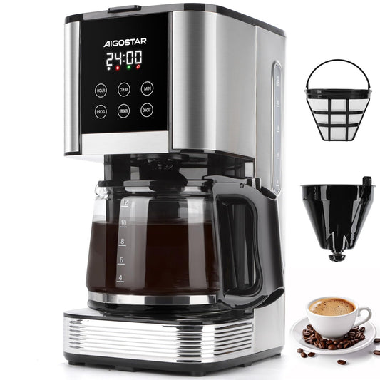 Aigostar Filter Coffee Machine with LED Touch Screen, 1.5L Programmable Coffee Maker with Timer, Regular & Strong Brewing, Stainless Steel - Cora