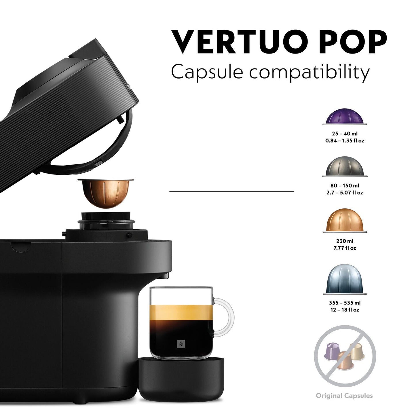 Nespresso Vertuo Pop Coffee Machine by De'Longhi, Over 30 Varieties of Pods, Compact Footprint, Americano, ENV90.B, Black