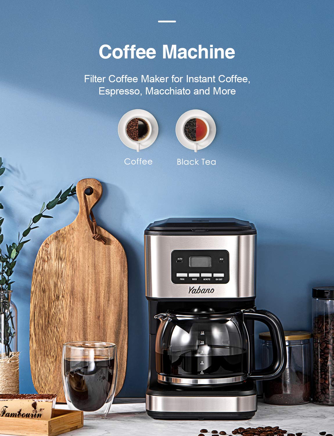 Yabano Coffee Maker, Filter Coffee Machine with Timer, 1.5L Programmable Drip Coffee Maker, 40min Keep Warm & Anti-Drip System