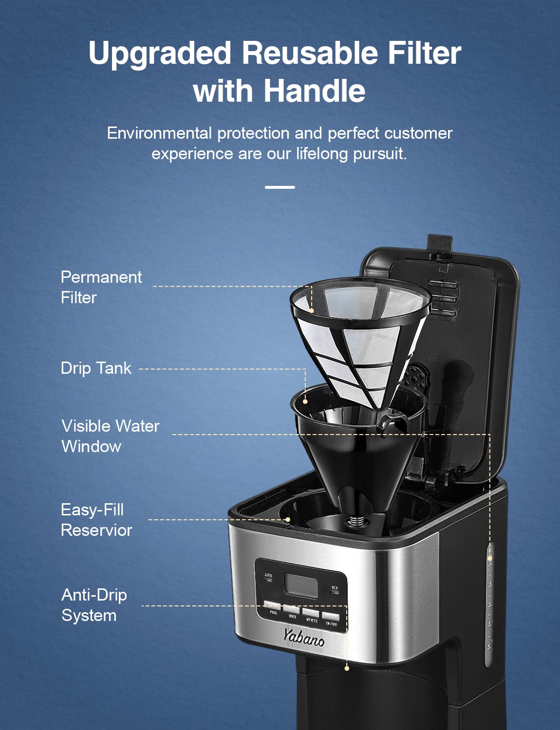 Yabano Coffee Maker, Filter Coffee Machine with Timer, 1.5L Programmable Drip Coffee Maker, 40min Keep Warm & Anti-Drip System