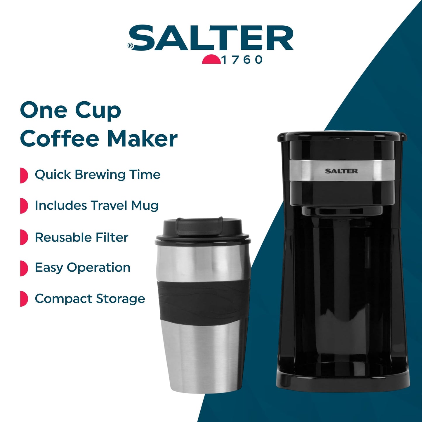 Salter One Cup Coffee Maker – Filter Coffee Machine, Washable & Reusable Filter, Includes 420ml Stainless Steel Travel Mug, EK2408