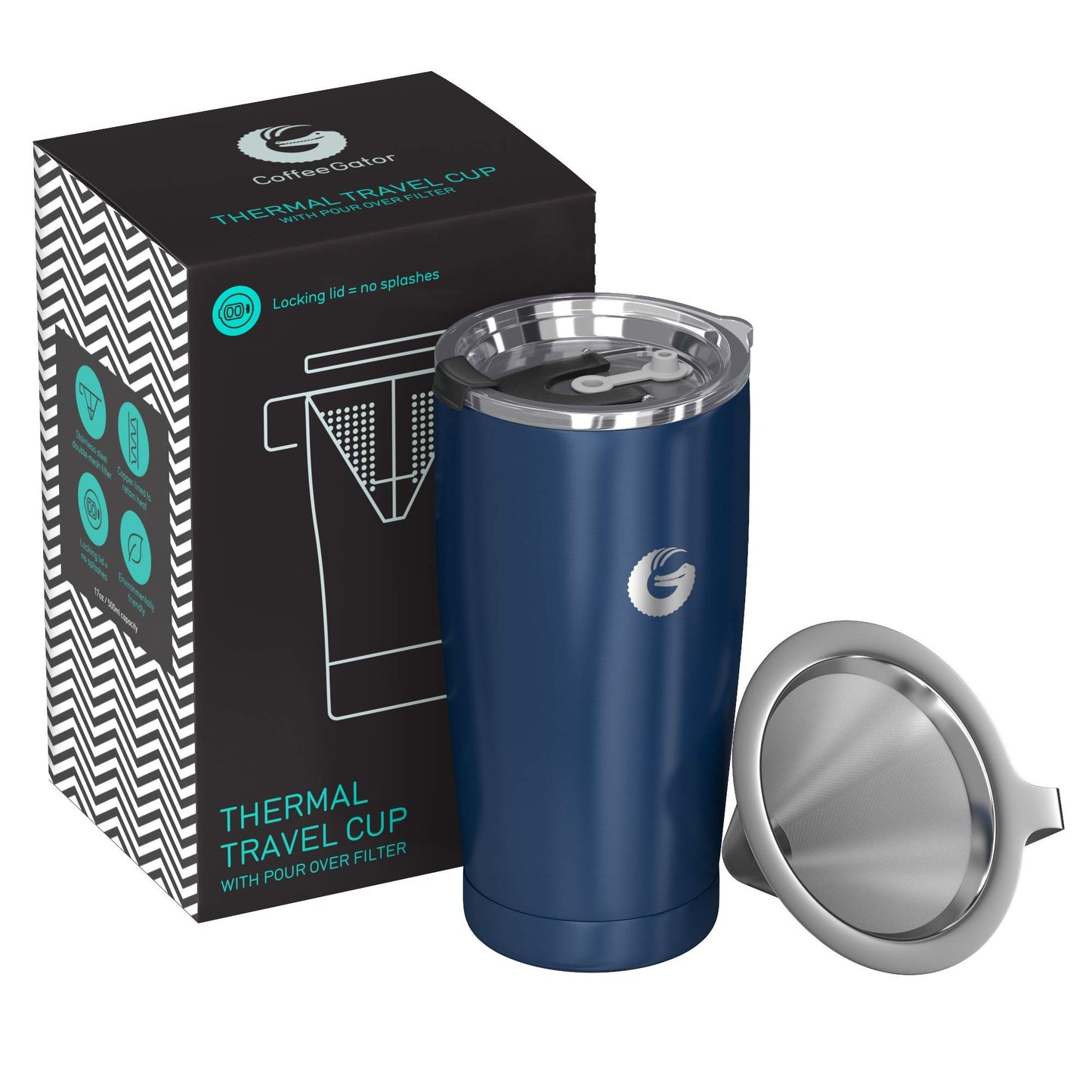 Coffee Gator Insulated Coffee Cup with Paperless Filter, All-in-One Hand Drip Coffee Maker with Filter, Thermal Stainless Steel Travel Cup (Blue)