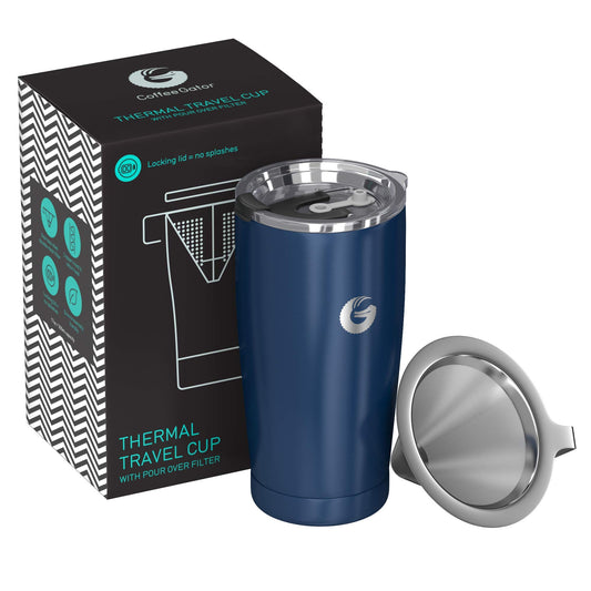 Coffee Gator Insulated Coffee Cup with Paperless Filter, All-in-One Hand Drip Coffee Maker with Filter, Thermal Stainless Steel Travel Cup (Blue)