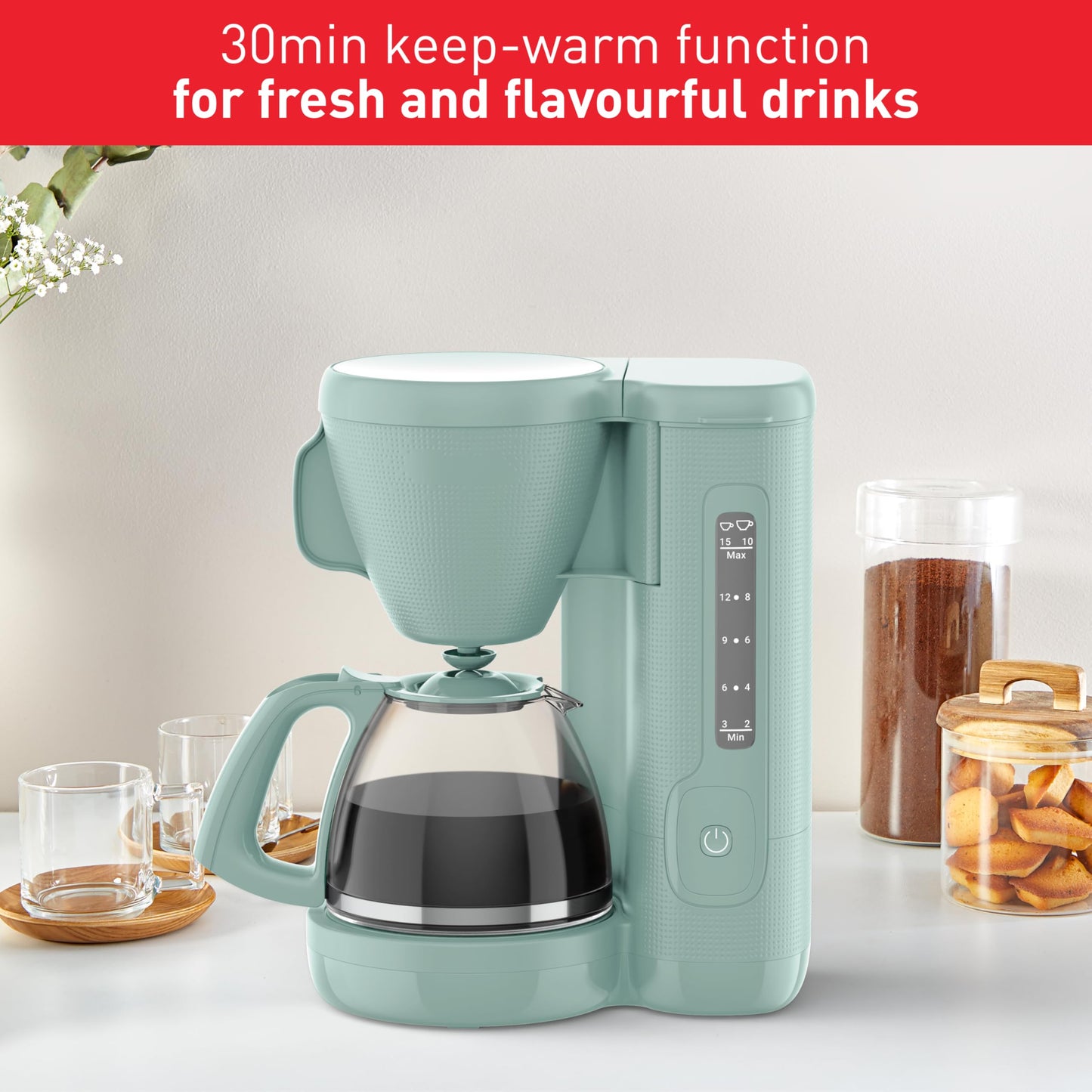 Tefal Morning Filter Coffee Maker - Eucalyptus, 1.25L Capacity, Permanent Reusable Filter, Drip-Stop System, Keep-Warm Function, CM2M13G0
