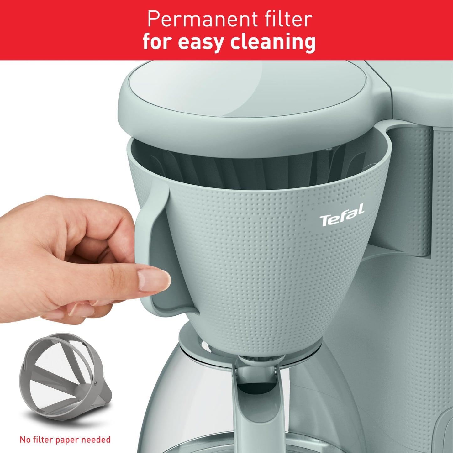 Tefal Morning Filter Coffee Maker - Eucalyptus, 1.25L Capacity, Permanent Reusable Filter, Drip-Stop System, Keep-Warm Function, CM2M13G0