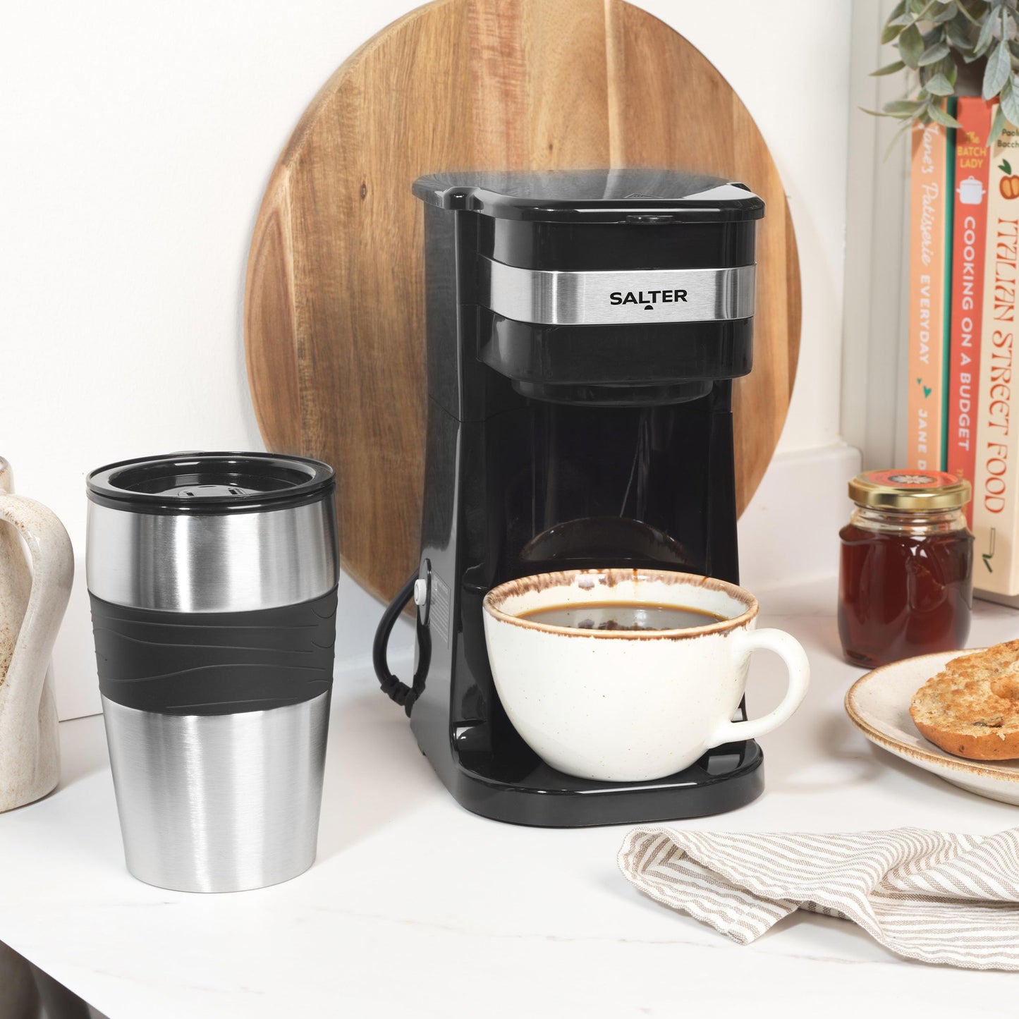 Salter One Cup Coffee Maker – Filter Coffee Machine, Washable & Reusable Filter, Includes 420ml Stainless Steel Travel Mug, EK2408