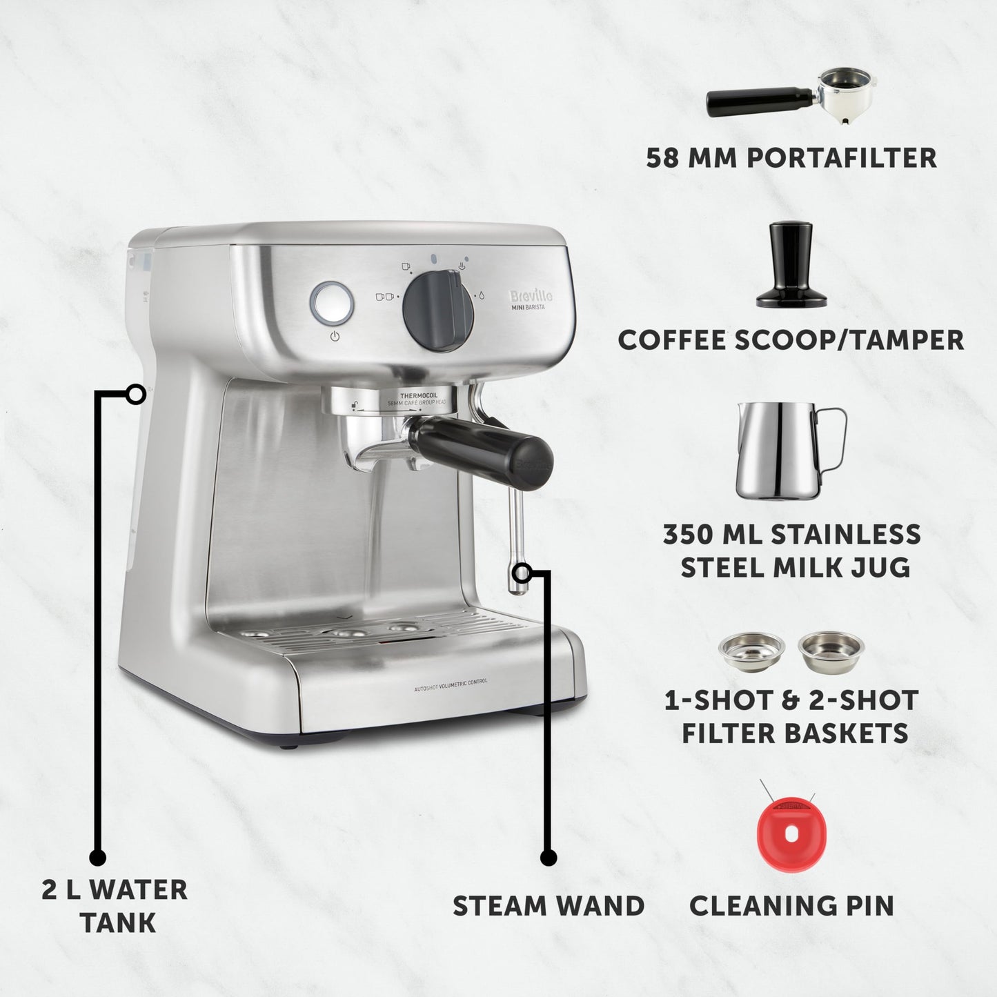 BREVILLE Barista Mini Espresso, Latte and Cappuccino Coffee Machine 2L Water Tank Milk Frother 15 Bar Italian Pump Stainless Steel [VCF125]