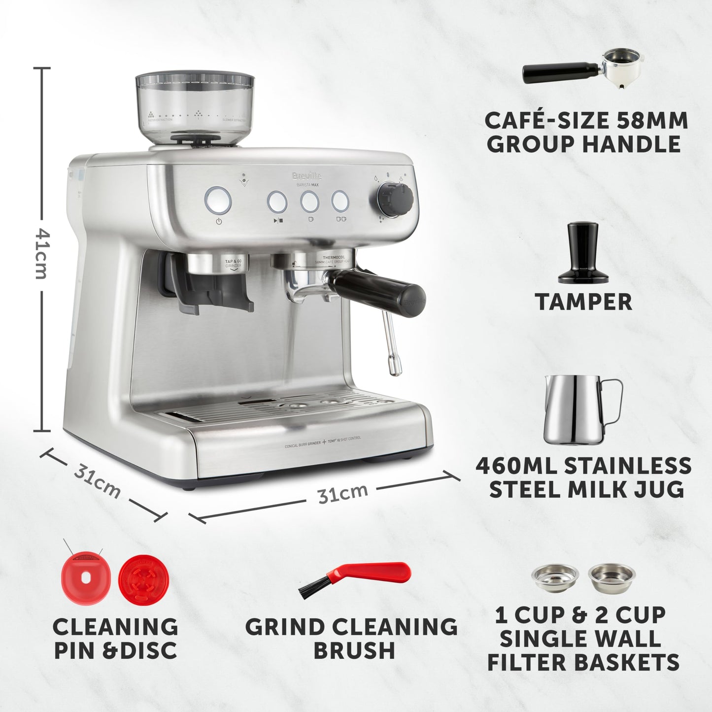 Breville Barista Max Espresso Machine | Latte & Cappuccino Coffee Maker with Integrated Bean Grinder & Steam Wand | 2.8 L Water Tank Stainless Steel