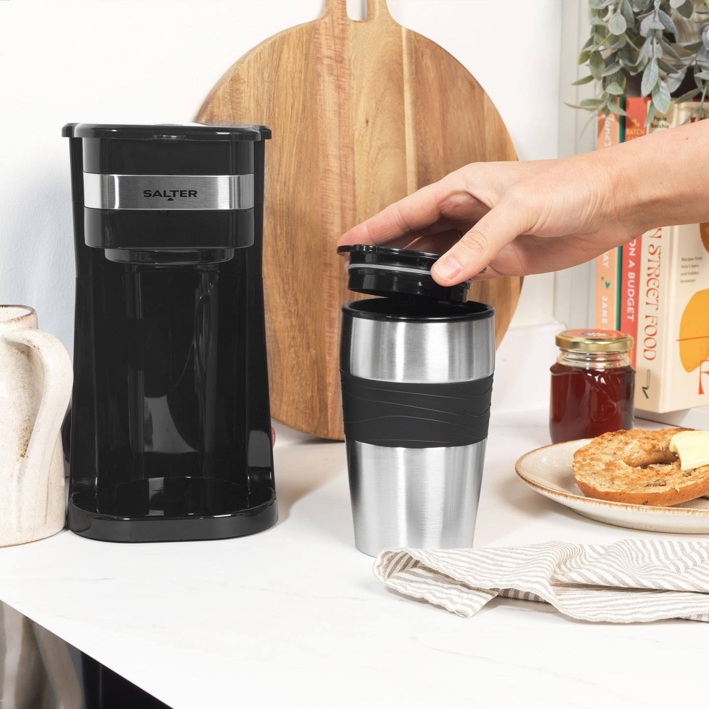 Salter One Cup Coffee Maker – Filter Coffee Machine, Washable & Reusable Filter, Includes 420ml Stainless Steel Travel Mug, EK2408